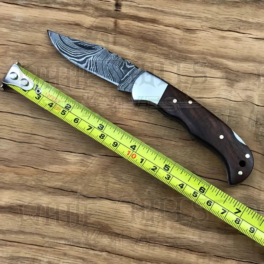 Handmade Damascus Pocket Knife - 6.5 Back Lock Folding Wood Handle Camping