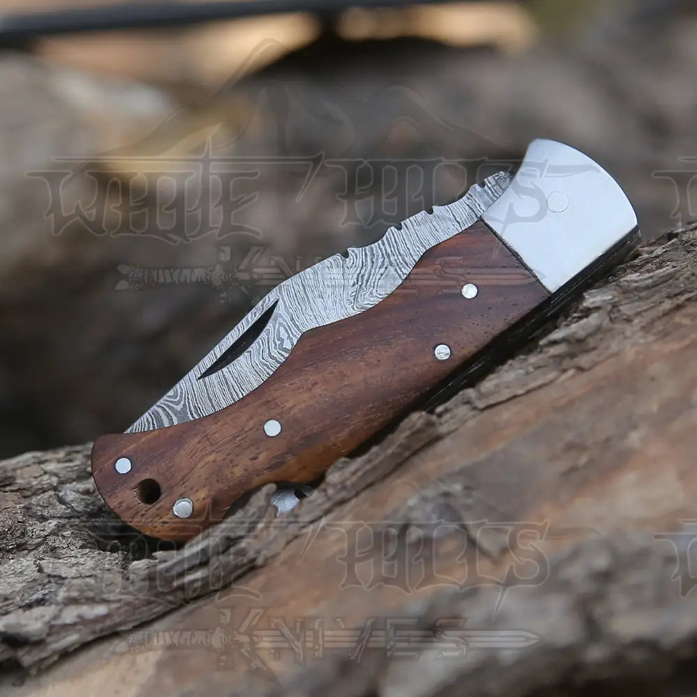 Handmade Damascus Pocket Knife - 6.5 Back Lock Folding Wood Handle Camping