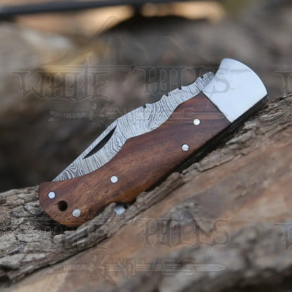 Handmade Damascus Pocket Knife - 6.5 Back Lock Folding Wood Handle Camping