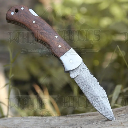 Handmade Damascus Pocket Knife - 6.5 Back Lock Folding Wood Handle Camping
