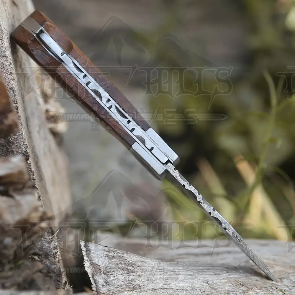 Handmade Damascus Pocket Knife - 6.5 Back Lock Folding Wood Handle Camping