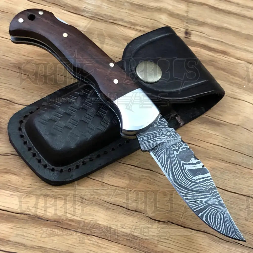 Handmade Damascus Pocket Knife - 6.5 Back Lock Folding Wood Handle Camping
