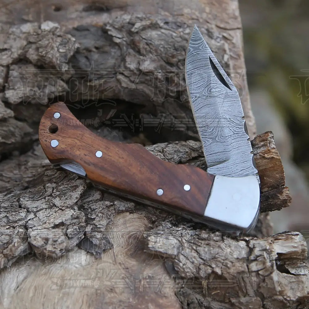Handmade Damascus Pocket Knife - 6.5 Back Lock Folding Wood Handle Camping