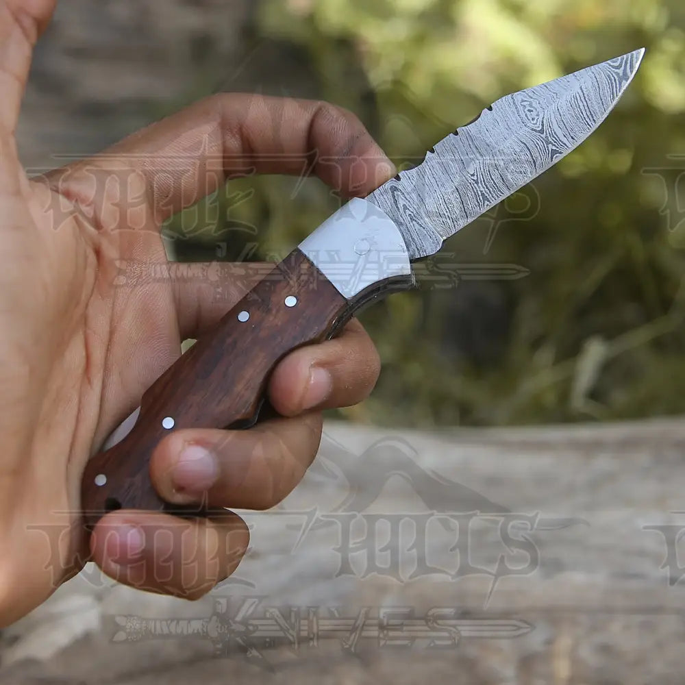 Handmade Damascus Pocket Knife - 6.5 Back Lock Folding Wood Handle Camping