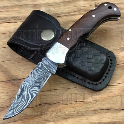 Handmade Damascus Pocket Knife - 6.5 Back Lock Folding Wood Handle Camping