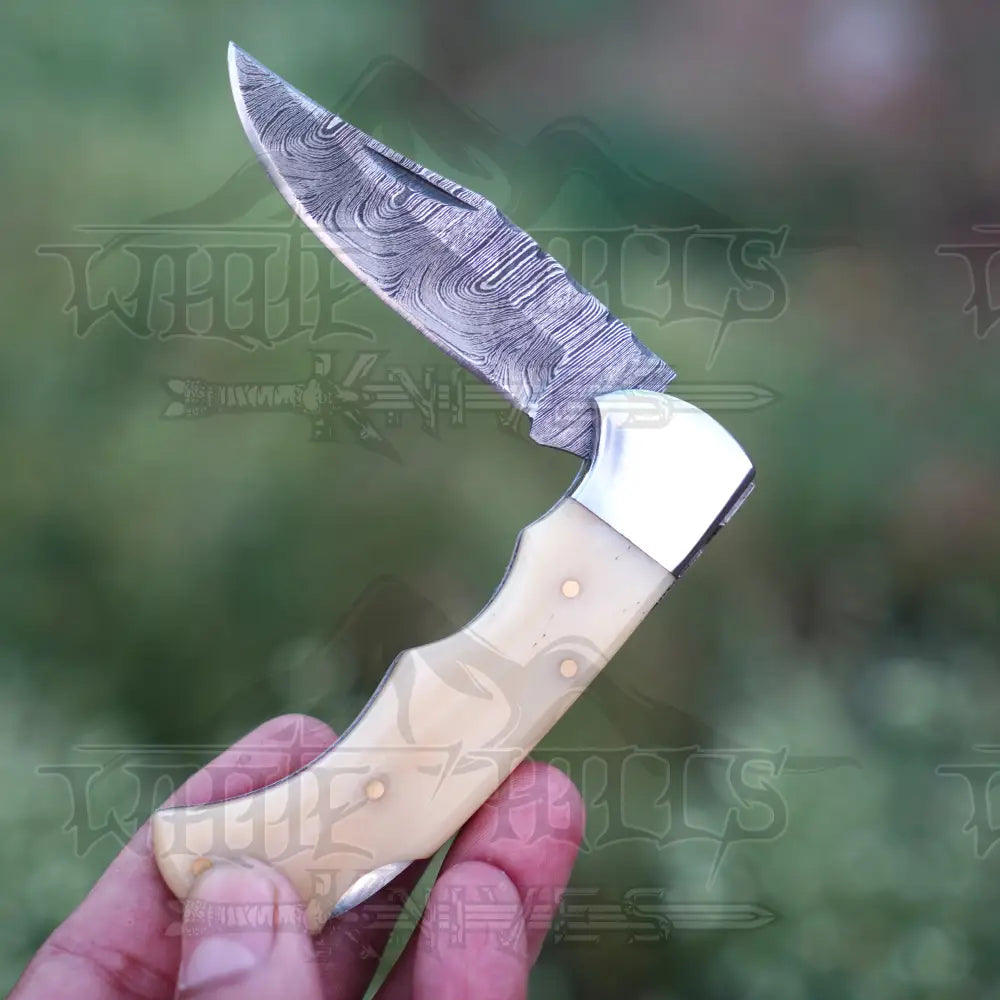 Handmade Damascus Pocket Knife With Clip - 6.5’’ Back Lock Folding Bone Handle Camping