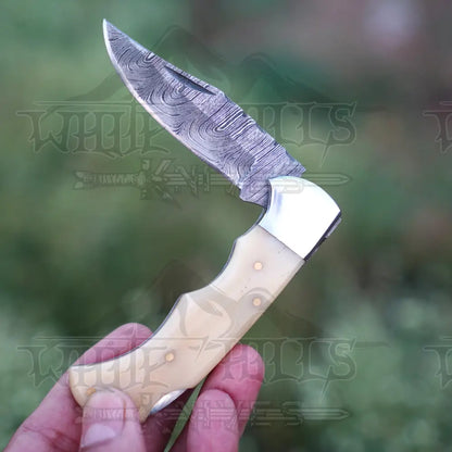 Handmade Damascus Pocket Knife With Clip - 6.5’’ Back Lock Folding Bone Handle Camping