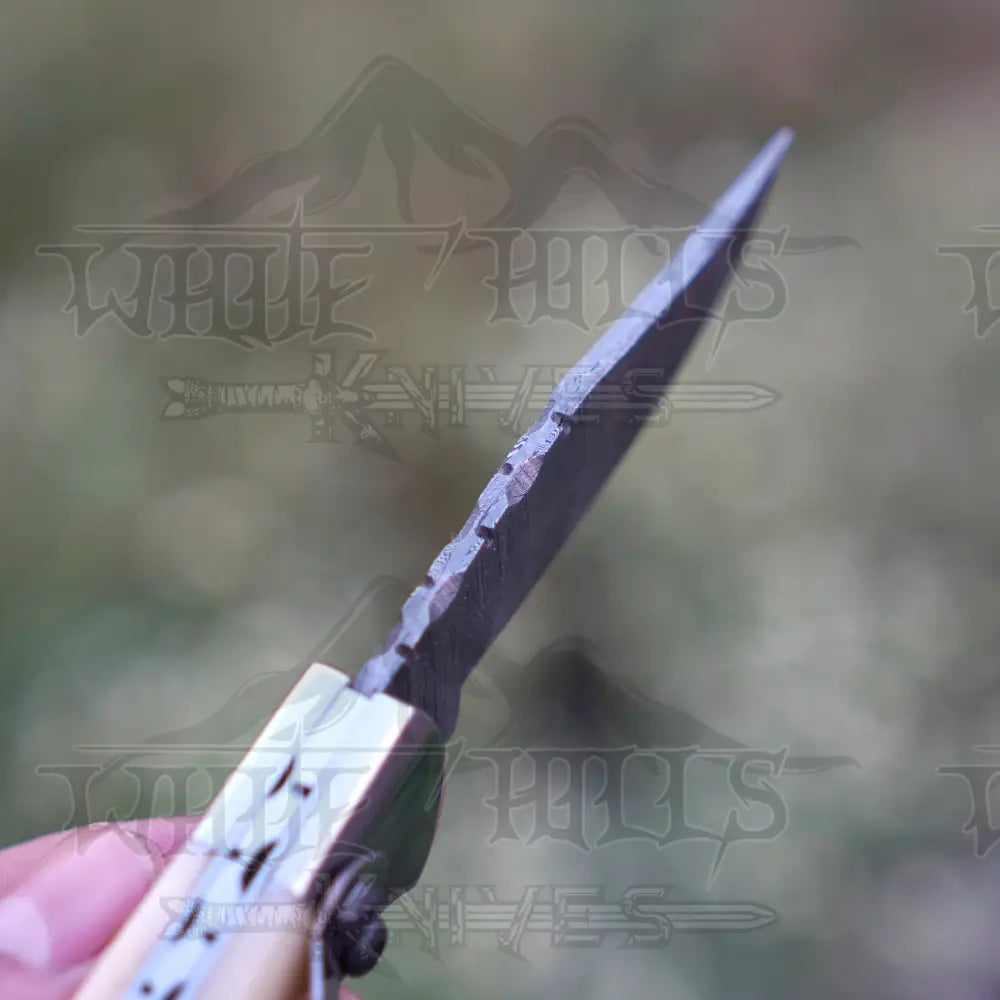 Handmade Damascus Pocket Knife With Clip - 6.5’’ Back Lock Folding Bone Handle Camping