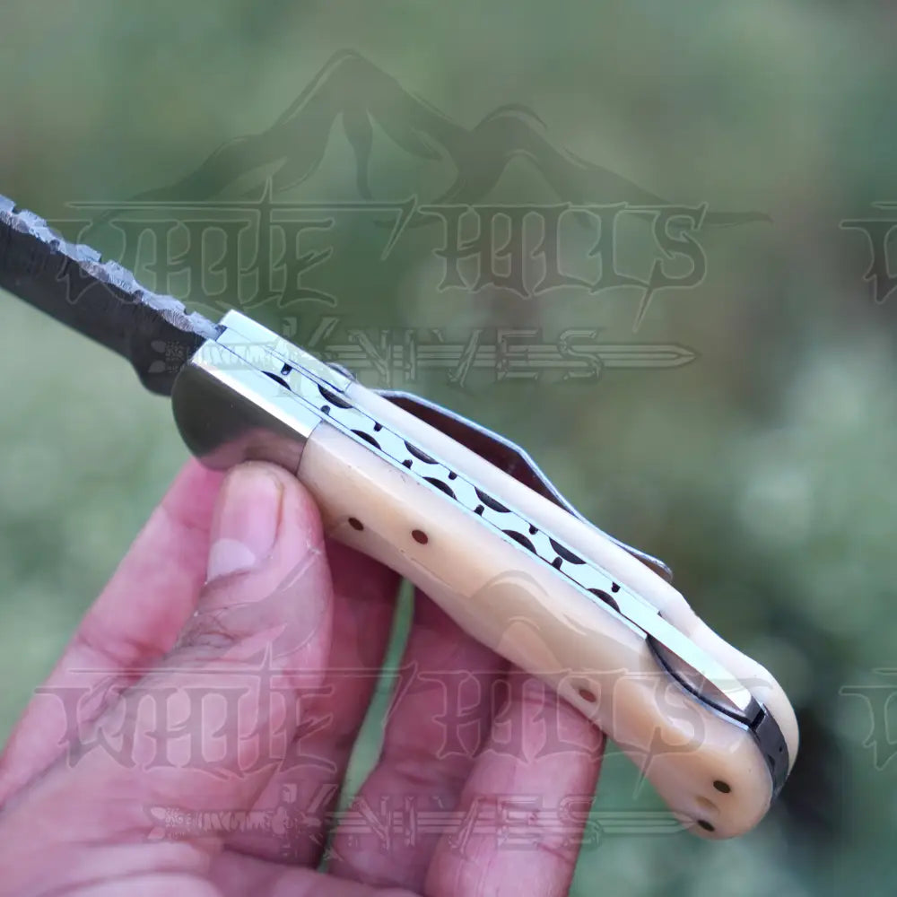 Handmade Damascus Pocket Knife With Clip - 6.5’’ Back Lock Folding Bone Handle Camping