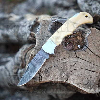 Handmade Damascus Pocket Knife With Clip - 6.5’’ Back Lock Folding Bone Handle Camping