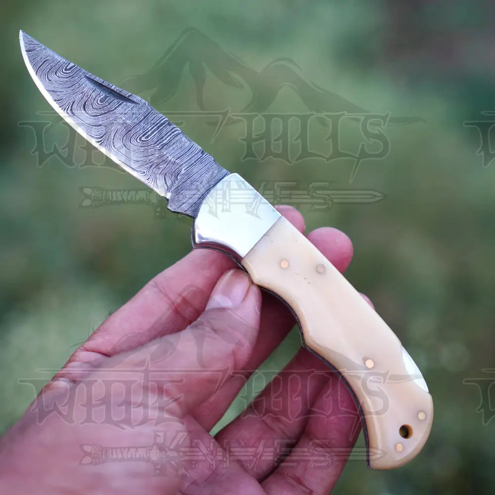 Handmade Damascus Pocket Knife With Clip - 6.5’’ Back Lock Folding Bone Handle Camping