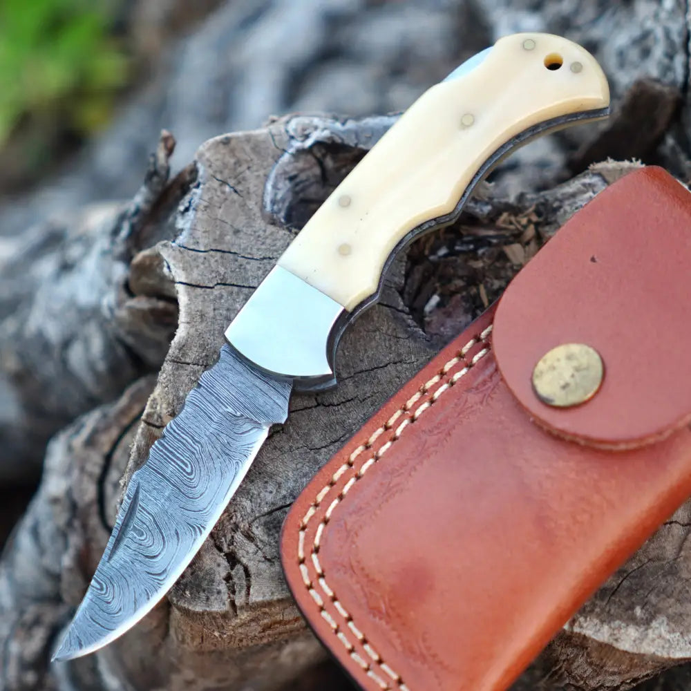 Handmade Damascus Pocket Knife With Clip - 6.5’’ Back Lock Folding Bone Handle Camping