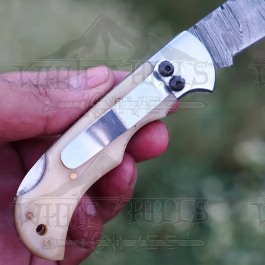 Handmade Damascus Pocket Knife With Clip - 6.5’’ Back Lock Folding Bone Handle Camping