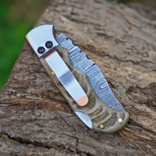 Handmade Damascus Pocket Knife with Pocket Clip - 6.5’’ Back Lock Folding Knife Ram Horn Handle Folding Knife