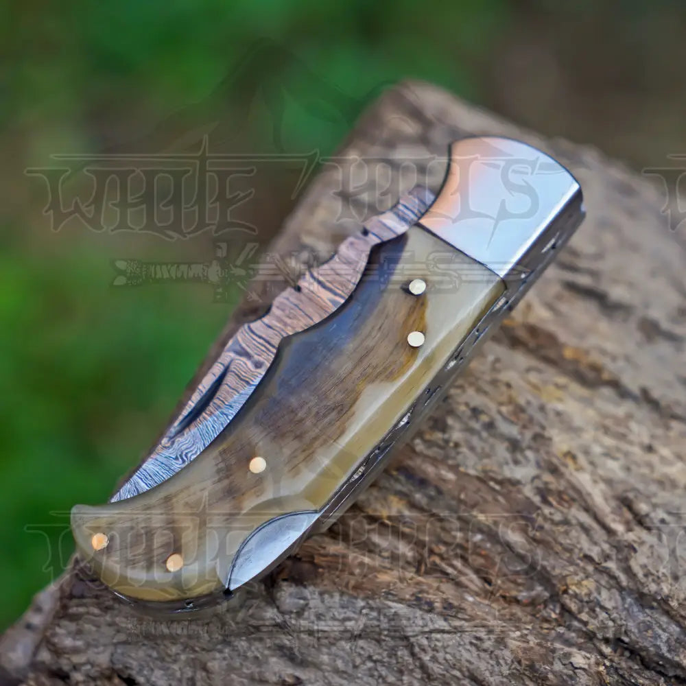 Handmade Damascus Pocket Knife with Pocket Clip - 6.5’’ Back Lock Folding Knife Ram Horn Handle Folding Knife