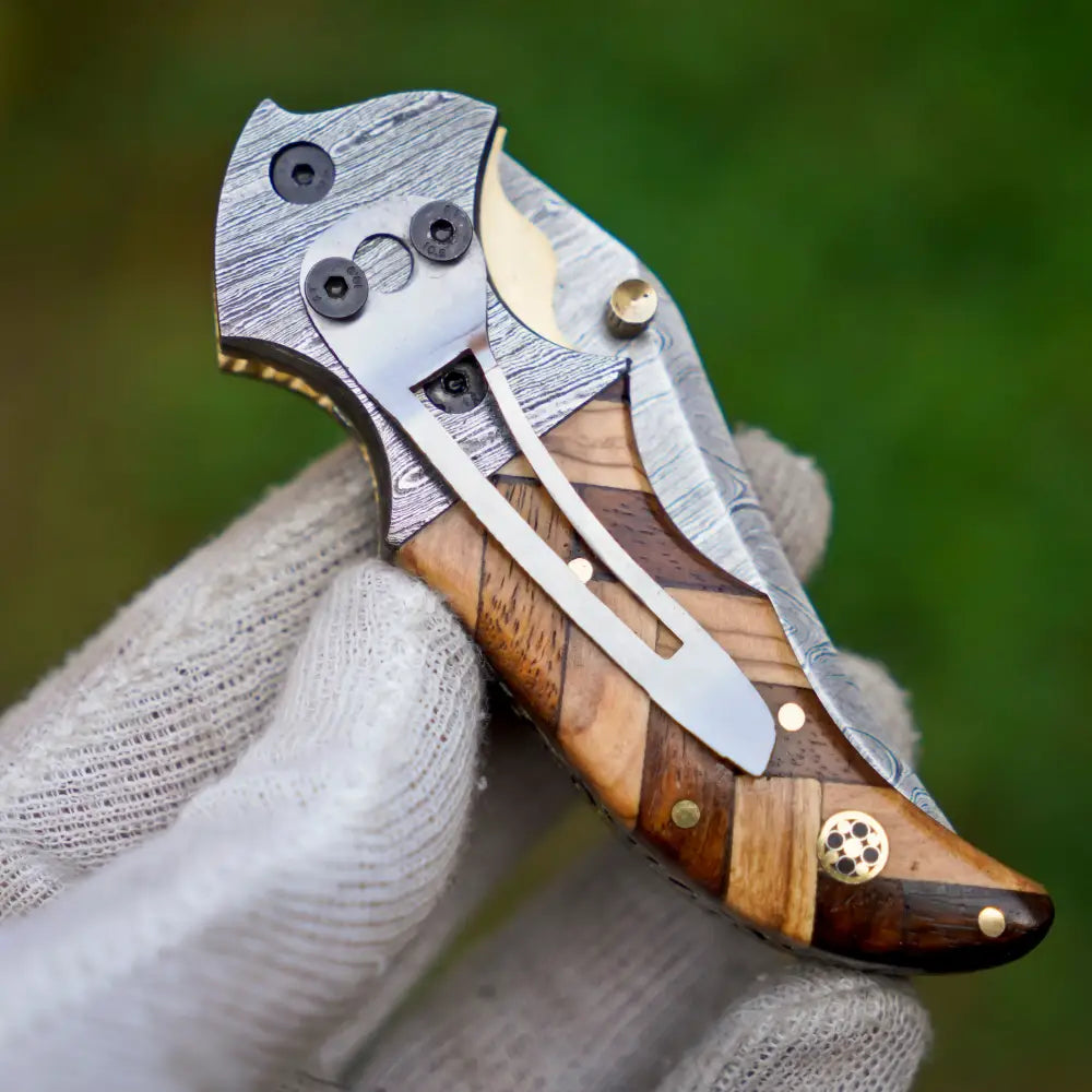 Handmade Damascus Pocket Knife with Pocket Clip - Damascus Bolster With Olive & Dark Wood Handle WH 3527-CP Olive &