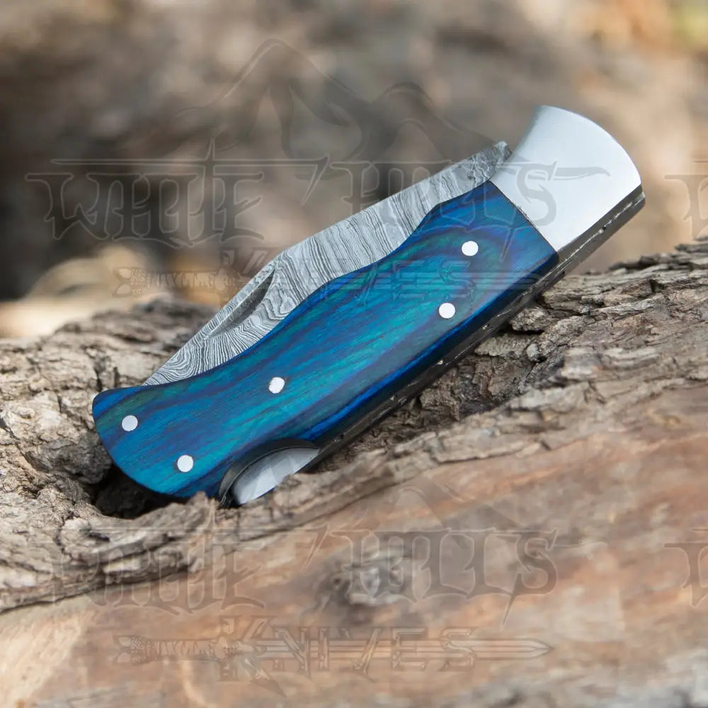 Handmade Damascus Rose Pocket Knife - 6.5 Back Lock Folding And Camping With Wood Handle