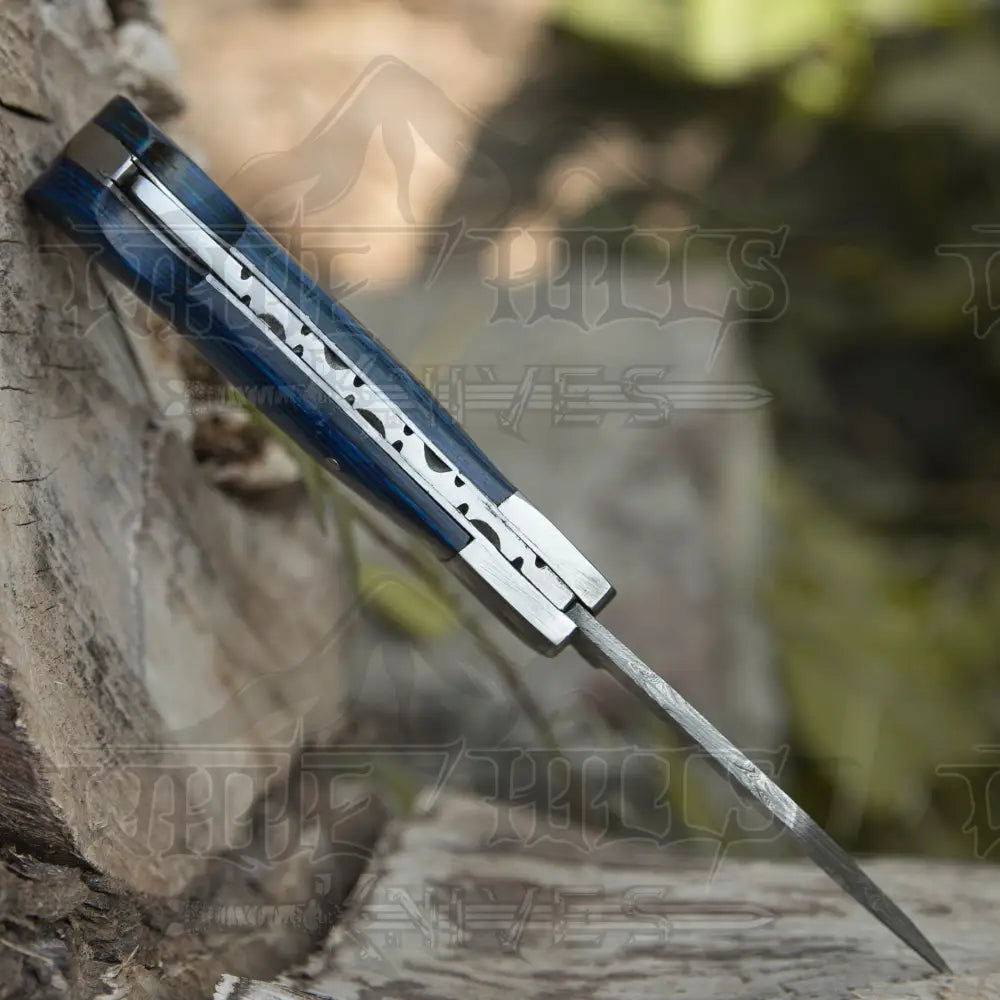 Handmade Damascus Rose Pocket Knife - 6.5 Back Lock Folding And Camping With Wood Handle