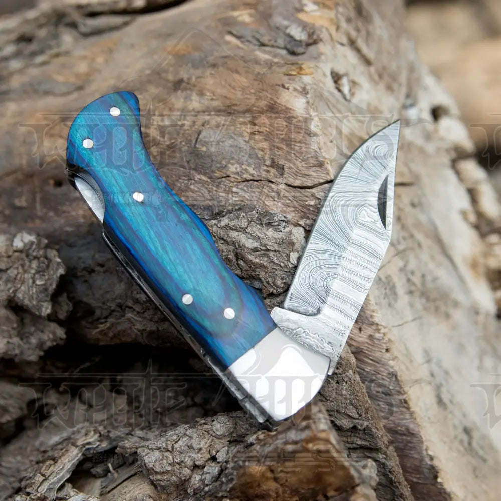 Handmade Damascus Rose Pocket Knife - 6.5 Back Lock Folding And Camping With Wood Handle