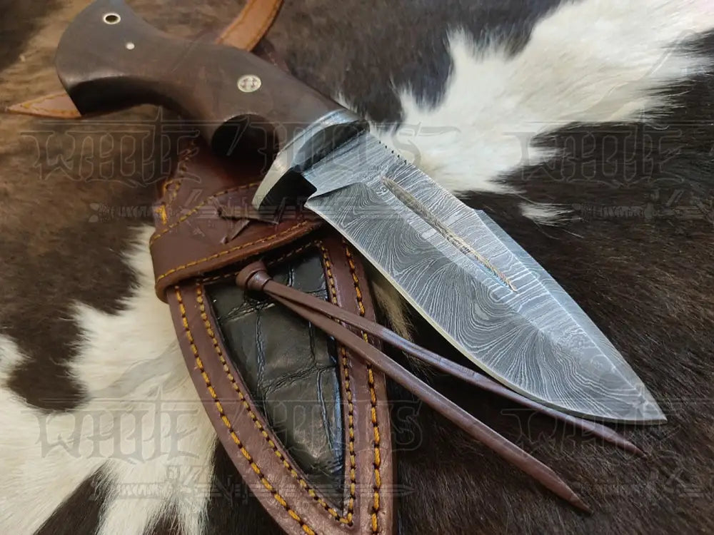 Handmade Damascus Skinner Knife - Camping Knife Wood Handle & Bolster