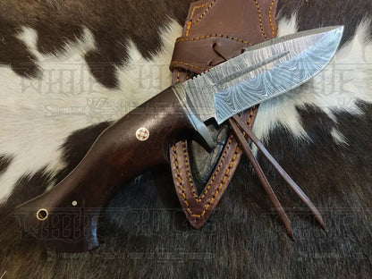Handmade Damascus Skinner Knife - Camping Knife Wood Handle & Bolster