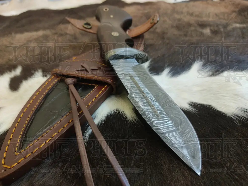 Handmade Damascus Skinner Knife - Camping Knife Wood Handle & Bolster
