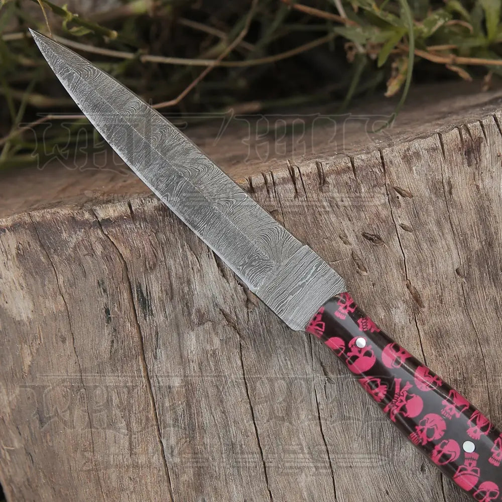 Handmade Damascus Steel Dagger Knife - 10’ Full Tang Red Skull Resin Handle Boot