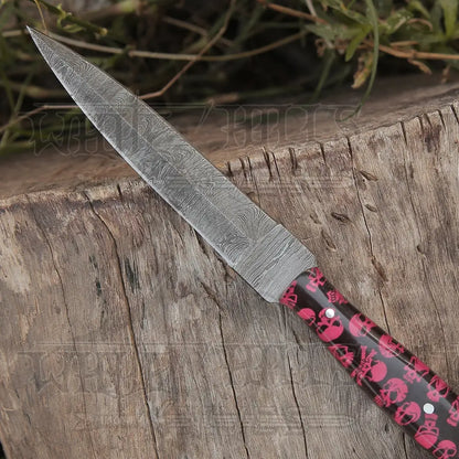 Handmade Damascus Steel Dagger Knife - 10’ Full Tang Red Skull Resin Handle Boot
