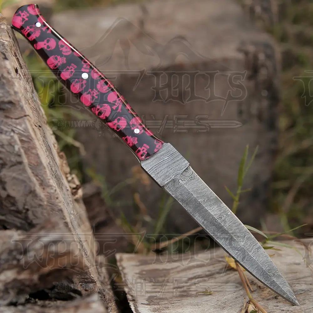 Handmade Damascus Steel Dagger Knife - 10’ Full Tang Red Skull Resin Handle Boot