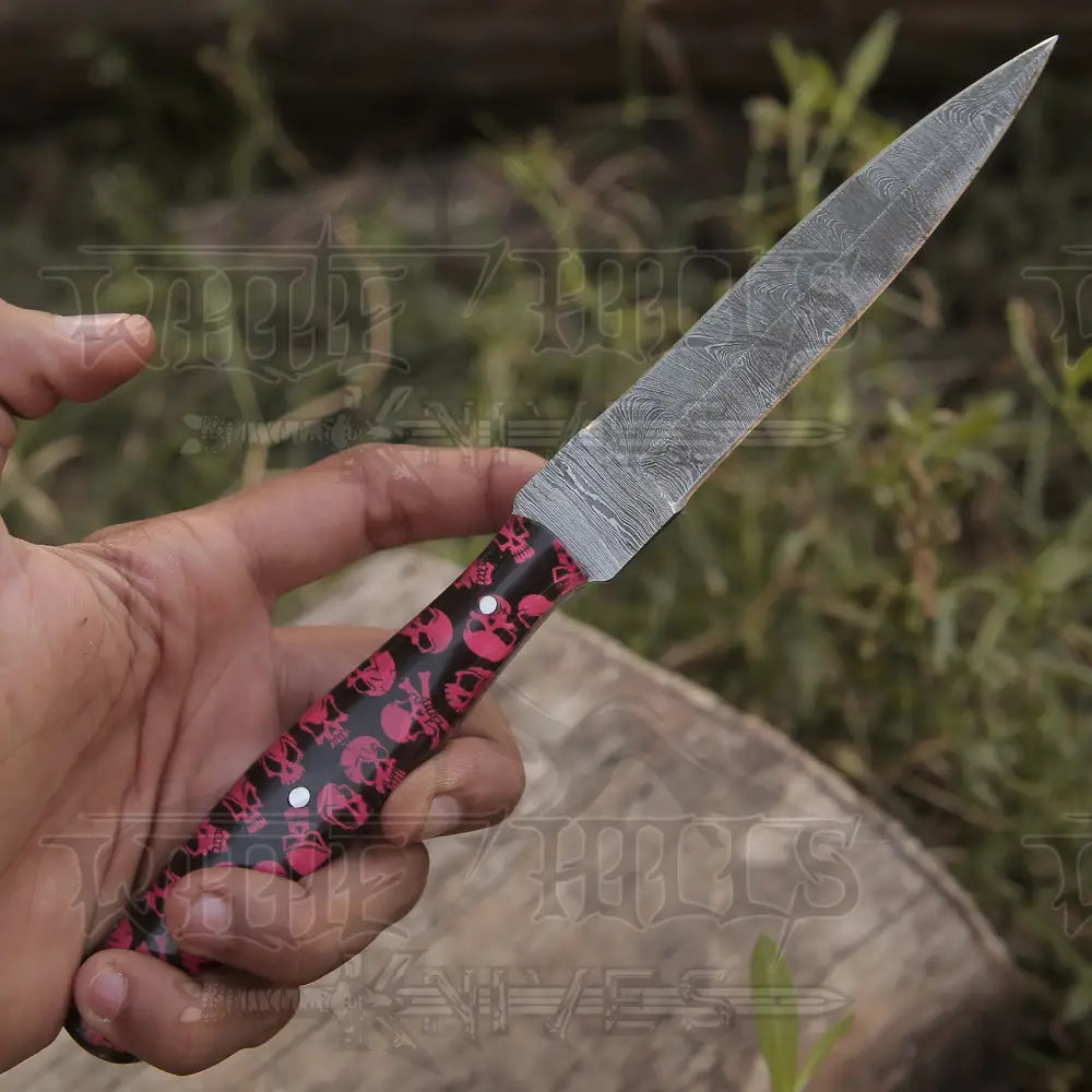 Handmade Damascus Steel Dagger Knife - 10’ Full Tang Red Skull Resin Handle Boot