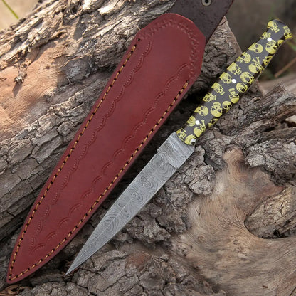 Handmade Damascus Steel Dagger Knife - 10’ Full Tang Yellow Skull Resin Handle Boot