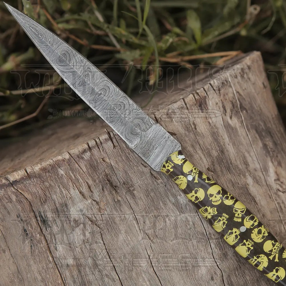 Handmade Damascus Steel Dagger Knife - 10’ Full Tang Yellow Skull Resin Handle Boot