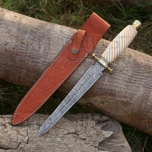Handmade Damascus Steel Dagger Knife - 15’ Camel Bone Handle Exotic Damascus Dagger Boot