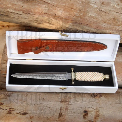 Handmade Damascus Steel Dagger Knife - 15’ Camel Bone Handle Exotic Damascus Dagger Boot
