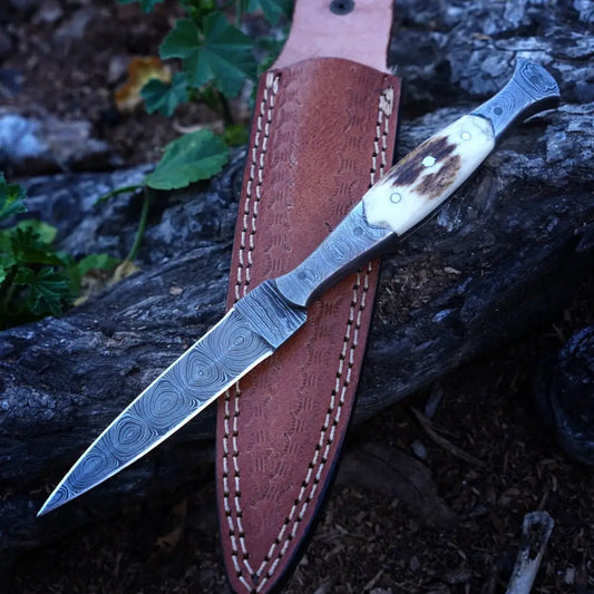 Handmade Damascus Steel Dagger Knife - 8.5’ Full Tang Stag Antler Handle Boot