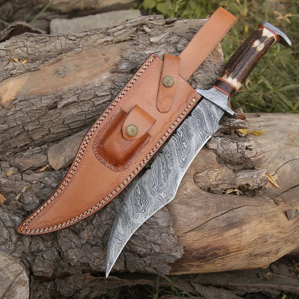 Handmade Damascus Steel Hunting Bowie Fix Blade Knife With Stag Antler Handle Wh 4422
