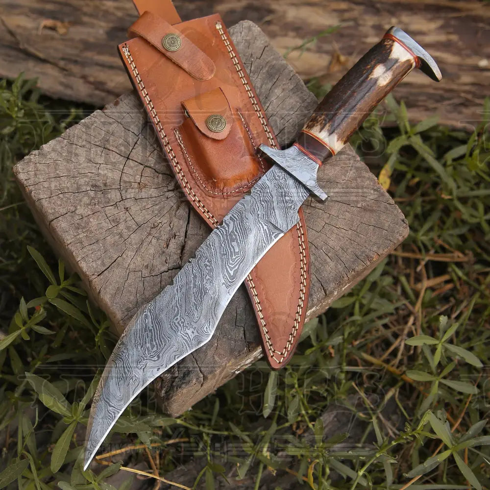 Handmade Damascus Steel Hunting Bowie Fix Blade Knife With Stag Antler Handle Wh 4422