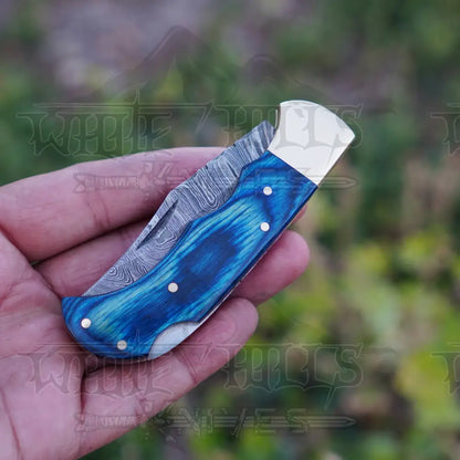 Handmade Damascus Steel Hunting Folding Knife With Pocket Clip - Camping Blade With Blue Wood
