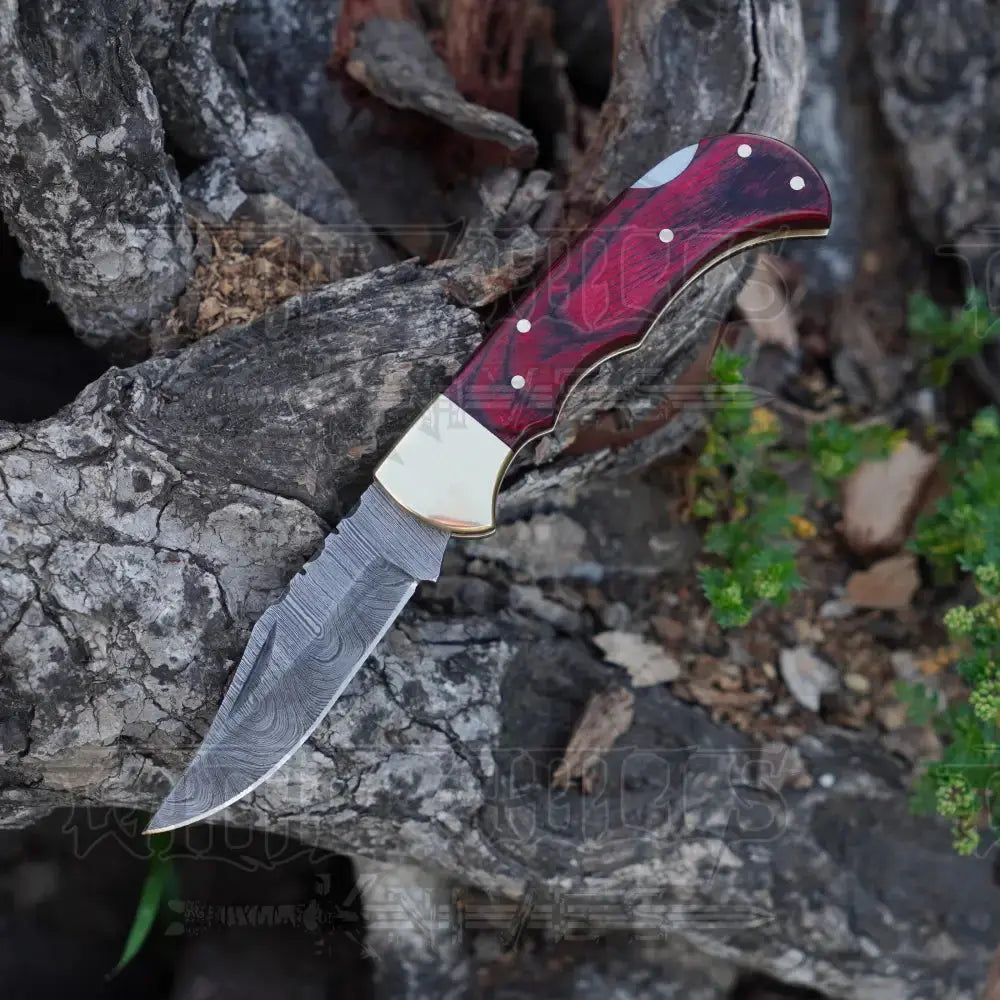 Handmade Damascus Steel Hunting Folding Knife With Pocket Clip - Camping Blade With Red Wood Handle