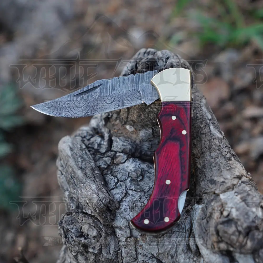 Handmade Damascus Steel Hunting Folding Knife With Pocket Clip - Camping Blade With Red Wood Handle