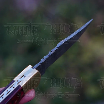 Handmade Damascus Steel Hunting Folding Knife With Pocket Clip - Camping Blade With Red Wood Handle