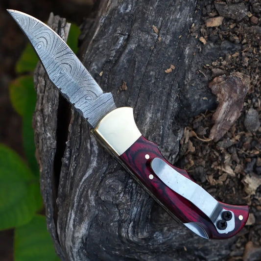 Handmade Damascus Steel Hunting Folding Knife With Pocket Clip - Camping Blade With Red Wood Handle