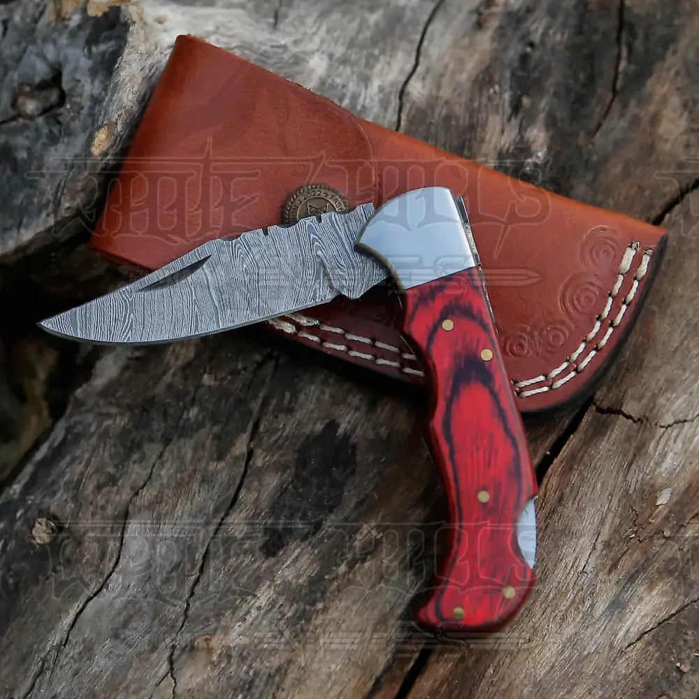 Handmade Damascus Steel Hunting Folding Knife With Pocket Clip - Camping Blade With Wood Handle