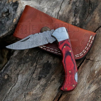 Handmade Damascus Steel Hunting Folding Knife With Pocket Clip - Camping Blade With Wood Handle