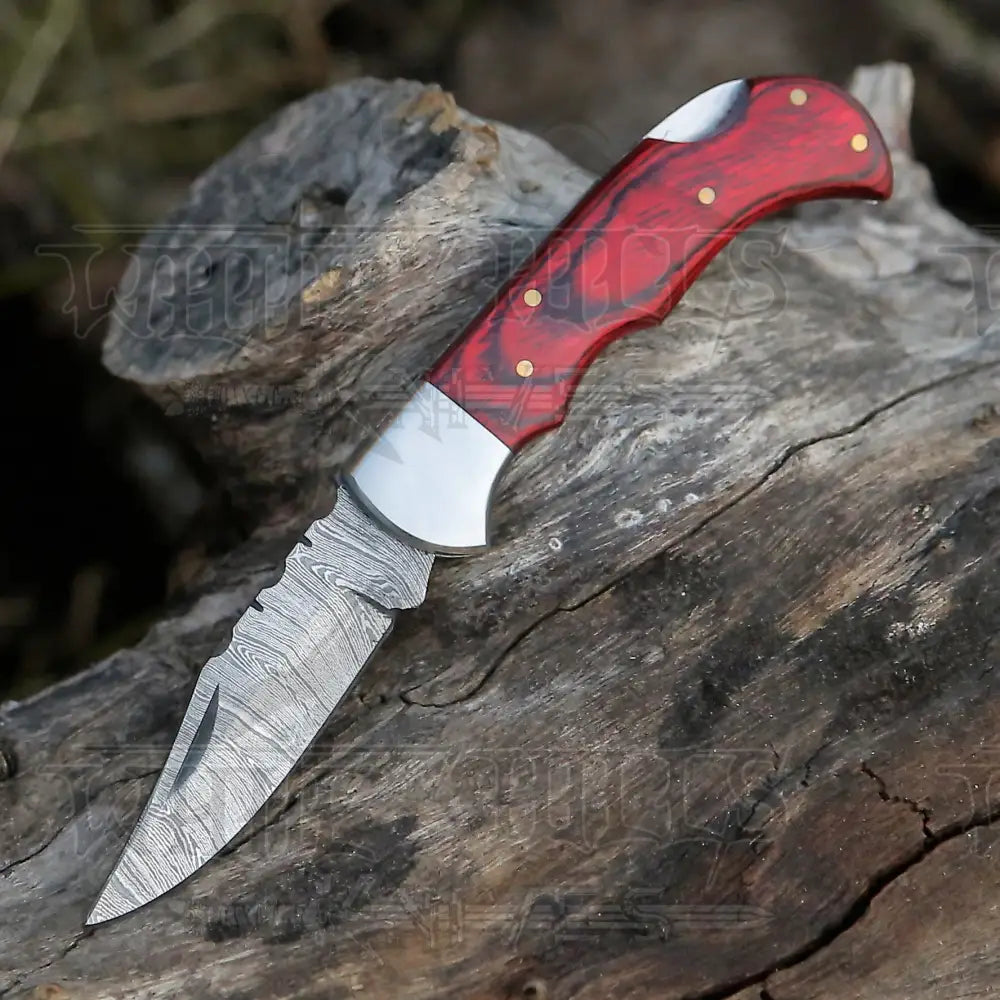 Handmade Damascus Steel Hunting Folding Knife With Pocket Clip - Camping Blade With Wood Handle