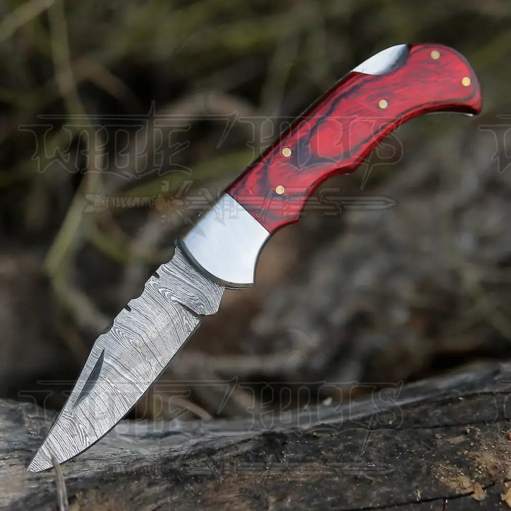 Handmade Damascus Steel Hunting Folding Knife With Pocket Clip - Camping Blade With Wood Handle