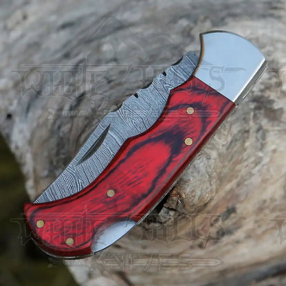 Handmade Damascus Steel Hunting Folding Knife With Pocket Clip - Camping Blade With Wood Handle