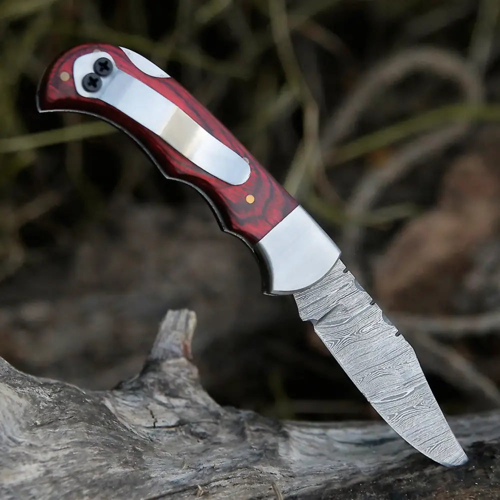 Handmade Damascus Steel Hunting Folding Knife With Pocket Clip - Camping Blade With Wood Handle
