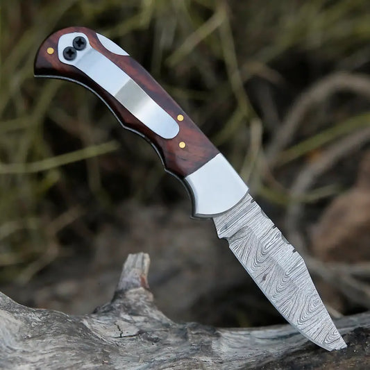 Handmade Damascus Steel Hunting Folding Knife With Pocket Clip - Camping Blade With Wood Handle