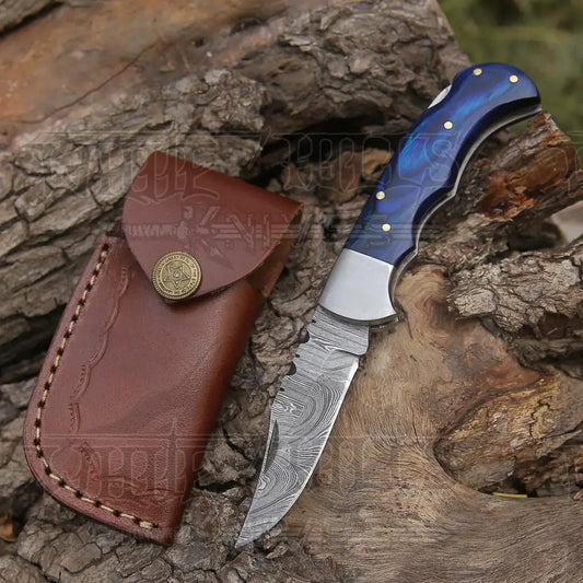 Handmade Damascus Steel Hunting Folding Knife With Pocket Clip - Camping Blade With Wood Handle Wh